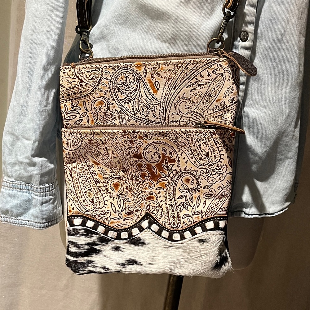 Embossed Leather Paisley Crossbody Bag with Cow-hair Accent - Cream/Brown